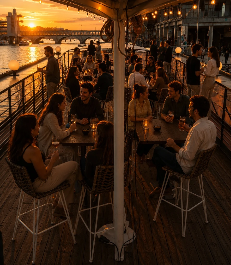 Rooftop couvert de la péniche Playtime pour cocktails et soirées